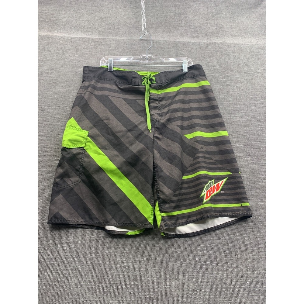 Mountain Dew Board Shorts Mens 36 Gray Green Striped Swim Trunks Surf‎ Wear Logo